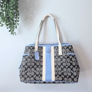Coach Signature Canvas Tote with Blue and Cream Stripes